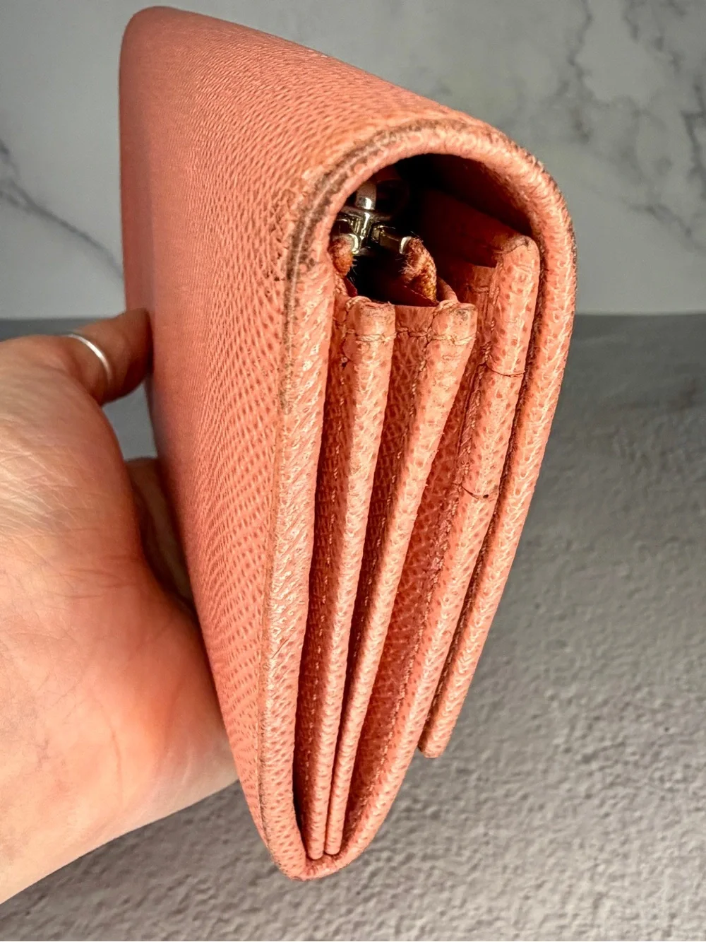 Bvlgari Coral Peach Leather Continental Wallet Signature Ring Clasp Full Set